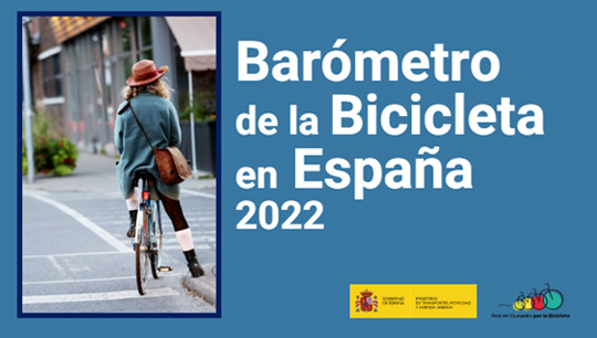 Mujer en bicicleta con el texto Barómetro de la Bicicleta en España 2022