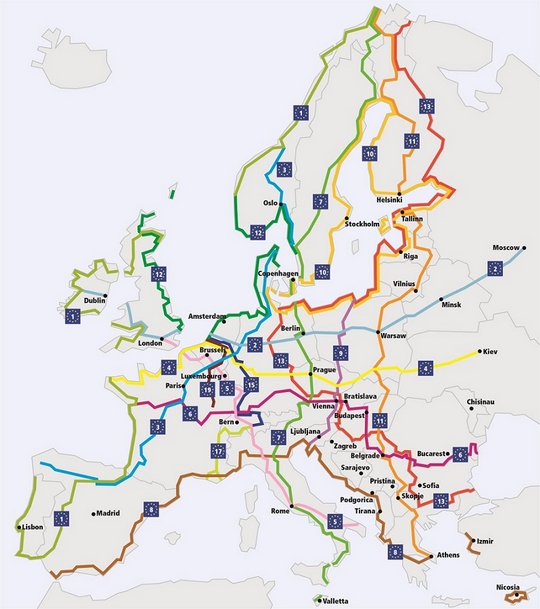 Mapa de europa con las rutas ciclistas